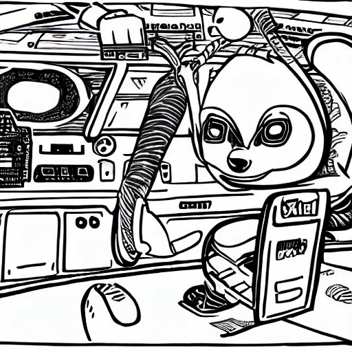 Image similar to a raccoon janitor messing with the controls on a spaceship, fantasy illustration cartoon
