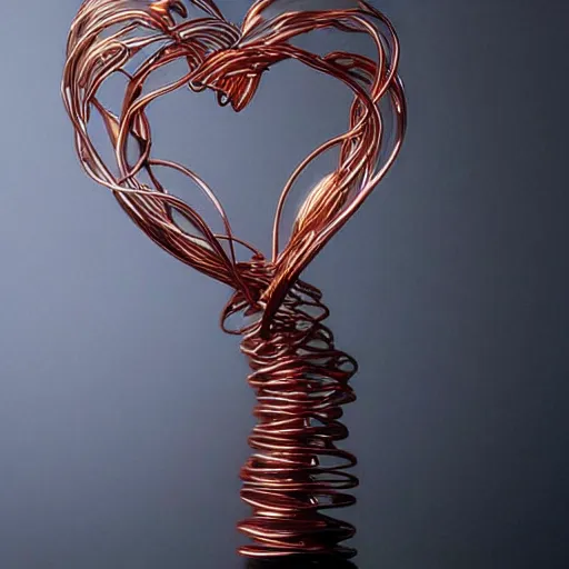 Image similar to a very beautiful tiny ( ( ( ( human heart ) ) ) )!!!!!!!!!!!!!!!!!!!!!!!!! organic sculpture made of copper wire and threaded pipes, very intricate, curved. studio lighting, high resolution, high quality, black background