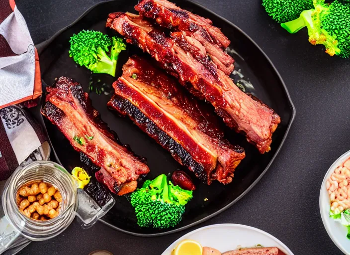 Image similar to dslr food photograph of a rack of ribs with a side of broccoli and baked beans of candy, 8 5 mm f 1. 8