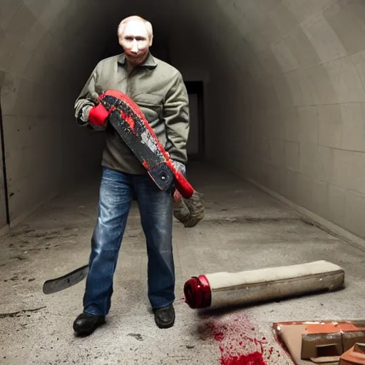 Image similar to putin with a chainsaw and a corpse. in a concrete bunker. focus on putins face with blood splatters. canon eos r 3, f / 1. 4, iso 1 6 0 0, 1 / 8 0 s, 8 k, raw, grainy