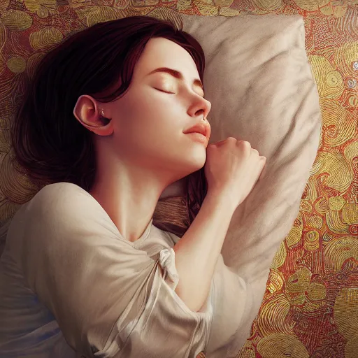 Image similar to sleeping portrait, hyper detailed, digital art, trending in artstation, cinematic lighting, studio quality, smooth render, unreal engine 5 rendered, octane rendered, art style by klimt and nixeu and ian sprigger and wlop and krenz cushart.