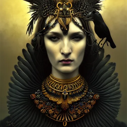 Image similar to goddess of crows, unusual beauty, emotionally evoking symbolic metaphors, head in focus, fantasy, ornamental, intricate, elegant, sensual, highly detailed digital painting, artstation, concept art, painterly, golden ratio, sharp focus, illustration, art by John Collier and Krenz Cushart and Artem Demura and and Greg Rutkowski and Alphonse Mucha and Albert Aublet