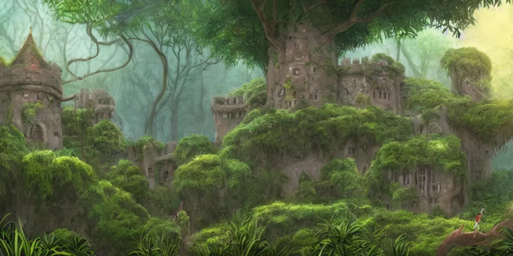 Image similar to a castle hidden in the jungle, overgrown with trees, misty, whimsical, ghibli art style, highly detailed, 4 k