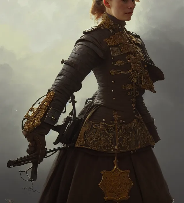 Image similar to portrait of a dutch woman wearing a traditional nineteenth century dutch republic military jacket, metal shoulder pauldrons, intricate, highly detailed, digital painting, artstation, concept art, sharp focus, cinematic lighting, illustration, art by artgerm and greg rutkowski, alphonse mucha, cgsociety