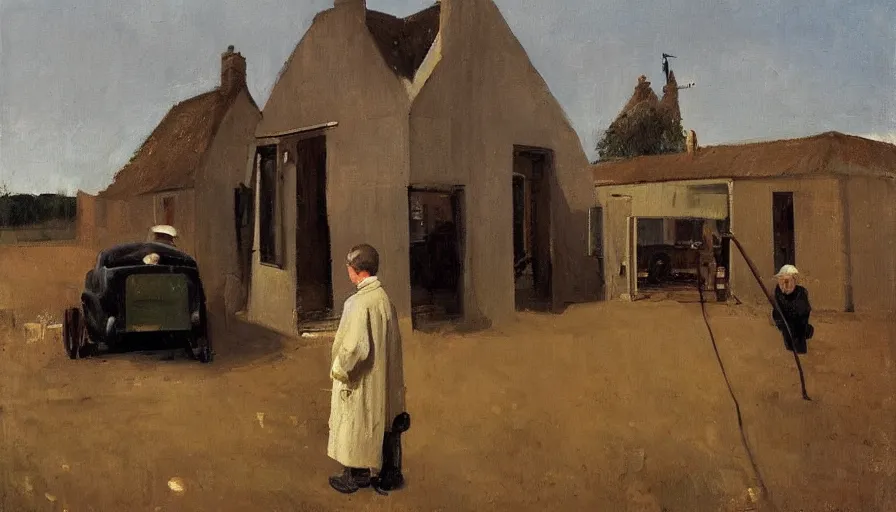 Image similar to painting by borremans, man back standing in front on the mirror and his back in the mirror with small village house and tiny modern car, detailed, stunning