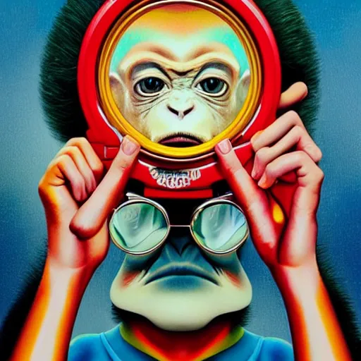 Image similar to lofi monkey in front of a mirror reflecting expression of a human face, symmetrical hands, doctors mirror, Pixar style by Tristan Eaton Stanley Artgerm and Tom Bagshaw, high detail