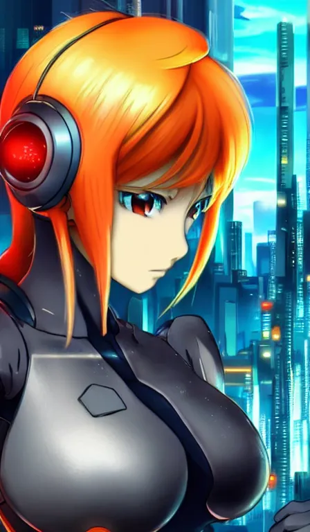 Image similar to anime fine details portrait of Samus in front of cyberpunk moder city landscape on the background deep bokeh, close-up view, anime masterpiece by Studio Ghibli. 8k, sharp high quality anime, artstation
