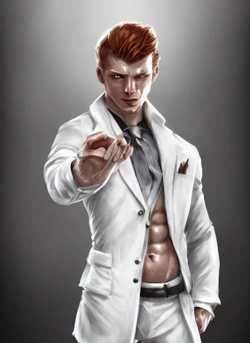 Image similar to a highly detailed illustration of short ginger haired man wearing white suit, dramatic holding book pose, muscular, intricate, elegant, highly detailed, centered, digital painting, artstation, concept art, smooth, sharp focus, league of legends concept art, WLOP