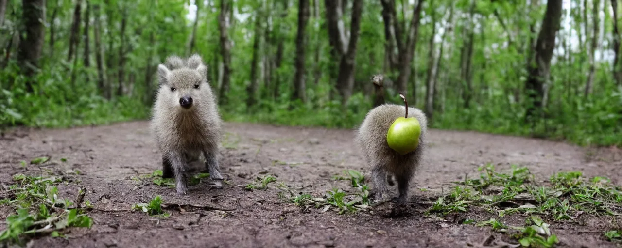 Prompt: a cute green pear animal walking in front of a forest, and looking at the camera; nature photography