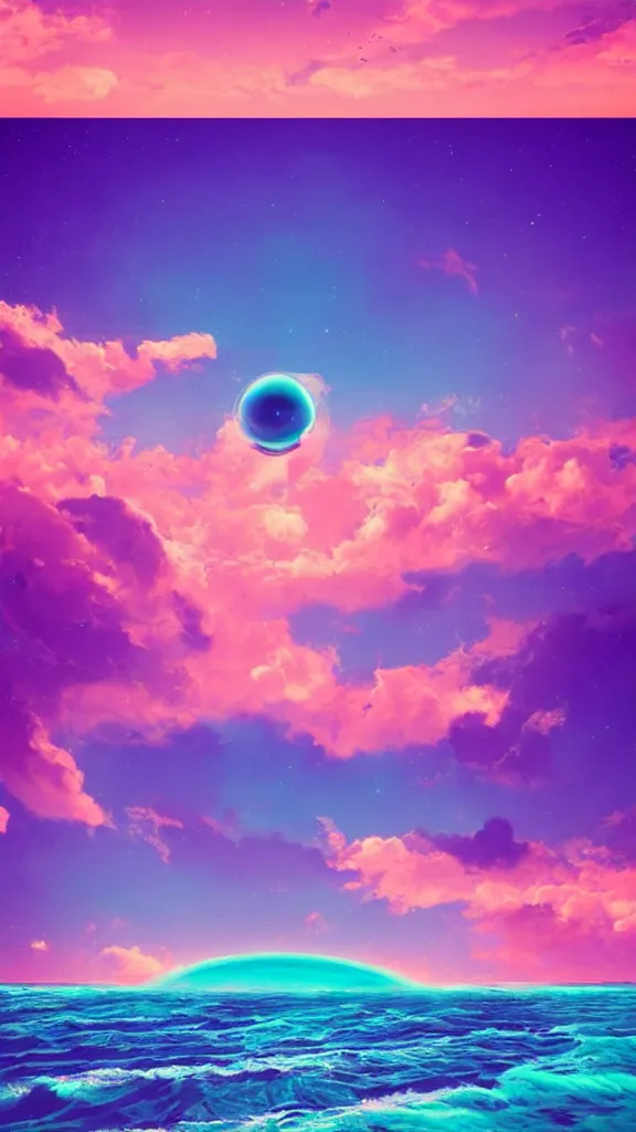 Image similar to beach horizon view of the ocean on an alien planet, vaporwave ocean, planet in space over the horizon, trending on artstation, digital art by beeple