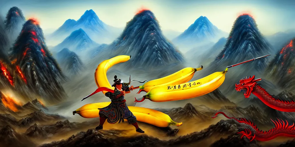 Prompt: Chinese president, bananas weapon, battle, dragon, centered, highly detailed, mountains, epic composition, background, fantasy art, oil painting, 8k