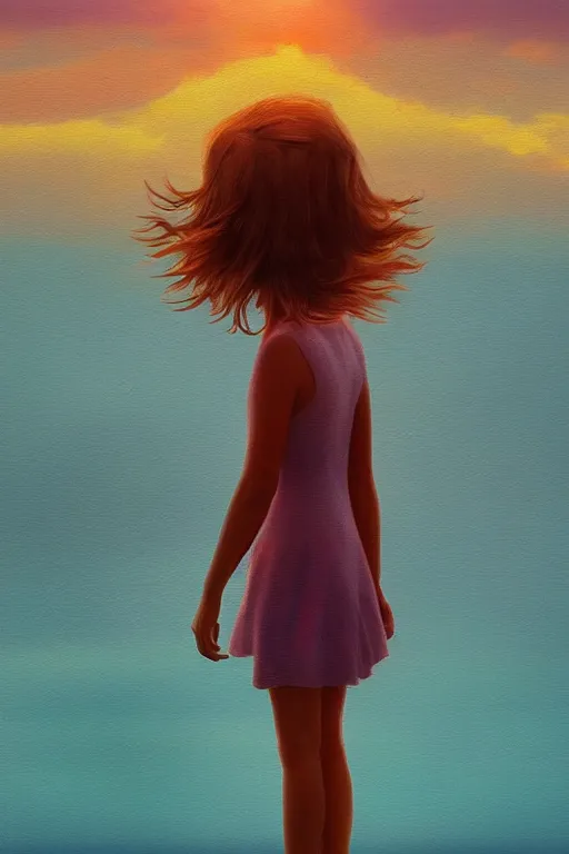 Image similar to closeup huge dahlia flower head, girl standing on beach, surreal photography, blue sky, sunrise, dramatic light, impressionist painting, digital painting, artstation, simon stalenhag