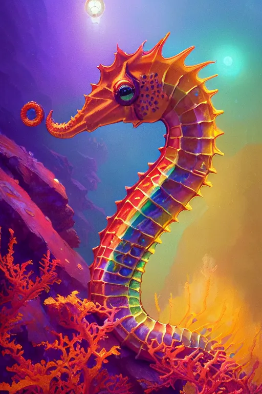 Image similar to highly detailed portrait of rainbow - colored seahorse, stephen bliss, unreal engine, fantasy art by greg rutkowski, rhads, ferdinand knab, makoto shinkai and lois van baarle, ilya kuvshinov, rossdraws, tom bagshaw, global illumination, radiant light, yellow blue theme, coral reef