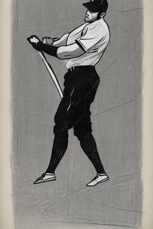 Prompt: full body drawing of a stoic white baseball player with a black baseball cap and a black bat and a striped jersey, white background, black and white, 2D drawing