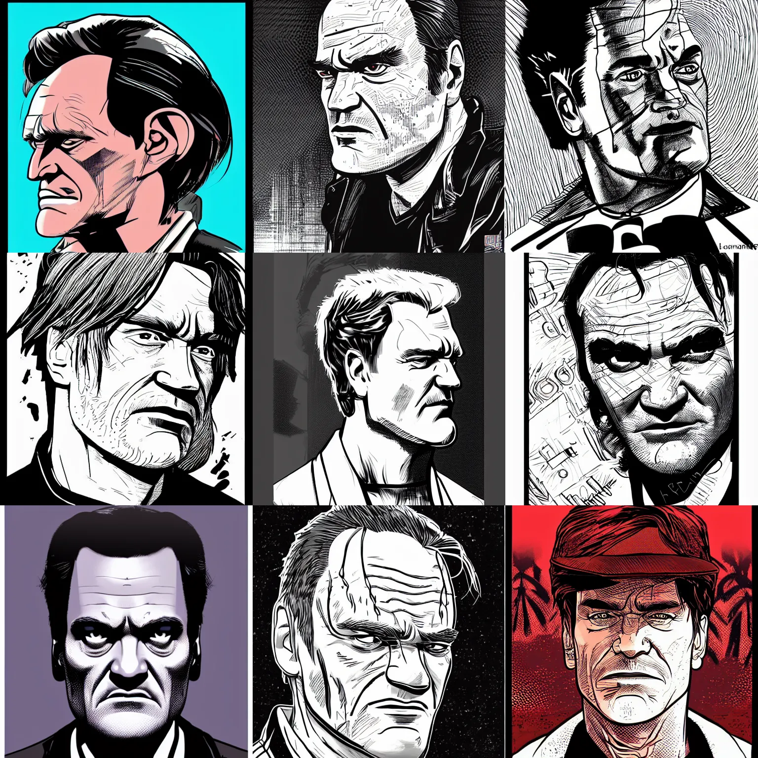 Prompt: centered cell shaded! head portrait of quentin tarantino side view llustration, art by laurie greasley