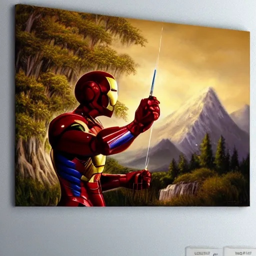 Image similar to a closeup photorealistic photograph of bob ross painting an image of iron man on a canvas. mountains and trees. film still. brightly lit scene. this 4 k hd image is trending on artstation, featured on behance, well - rendered, extra crisp, features intricate detail, epic composition and the style of unreal engine.