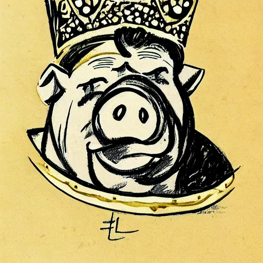 Prompt: al capp drawing of a pig wearing a gold crown