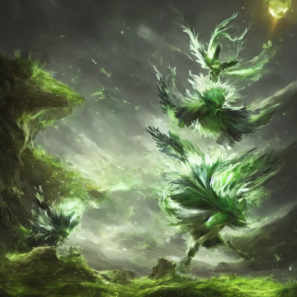 Image similar to a cute beautiful earth type pokemon, green feathers bursting out of his hair, full body shot, highly detailed digital art, 3 d perspective, award - winning illustration, aesthetic, smooth, pokemon style, made by greg rutkowski, with an alien landscape in the background