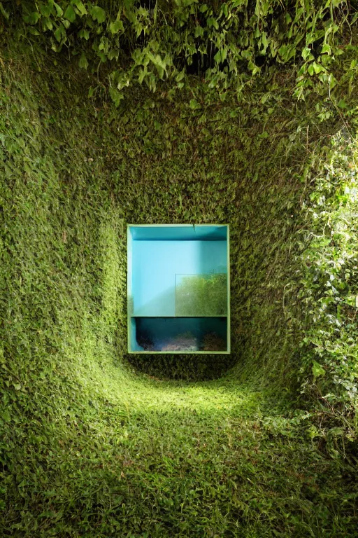 Image similar to colorful James Turrell interiors , overgrown by kudzu vines