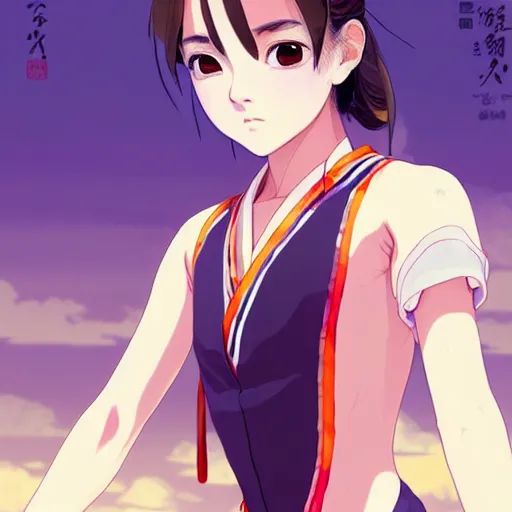 Image similar to a beautiful boyish japanese emma watson alluring instagram model, wearing elegant japanese hiphop leotard outfit with subtle mayan patterns and native fashion, aztec street fashion bathing suit, jrpg fashion, gapmoe yandere grimdark, trending on pixiv fanbox, painted by greg rutkowski makoto shinkai takashi takeuchi studio ghibli, akihiko yoshida