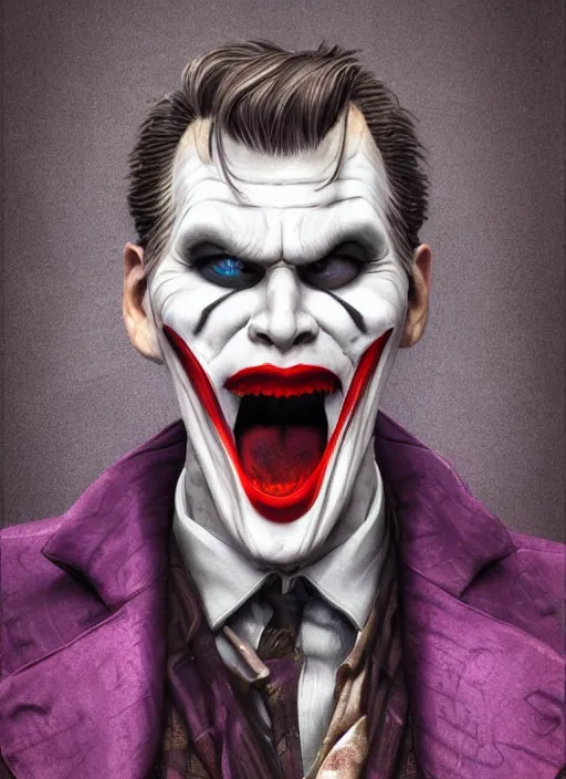 Image similar to impostor jerma as joker by giger, hyper detailed, digital art, trending in artstation, cinematic lighting, studio quality, smooth render, unreal engine 5 rendered, octane rendered, art style by klimt and nixeu and ian sprigger and wlop and krenz cushart.