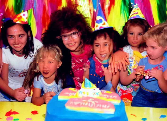 Prompt: 1990s kids birthday party, finger partially over the lens, Kodak Color Plus 35mm Film