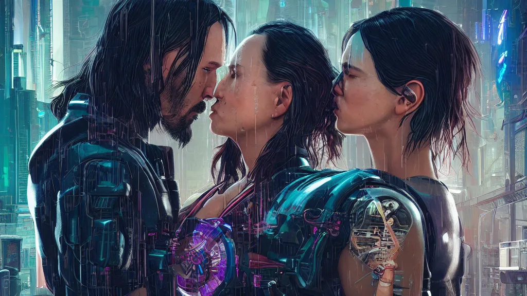 Image similar to a cyberpunk 2077 srcreenshot couple portrait of a Keanu Reeves and a female android final kiss,love,film lighting,by Laurie Greasley,Lawrence Alma-Tadema,Dan Mumford,John Wick,Speed,Replicas,artstation,deviantart,FAN ART,full of color,Digital painting,face enhance,highly detailed,8K,octane,golden ratio,cinematic lighting