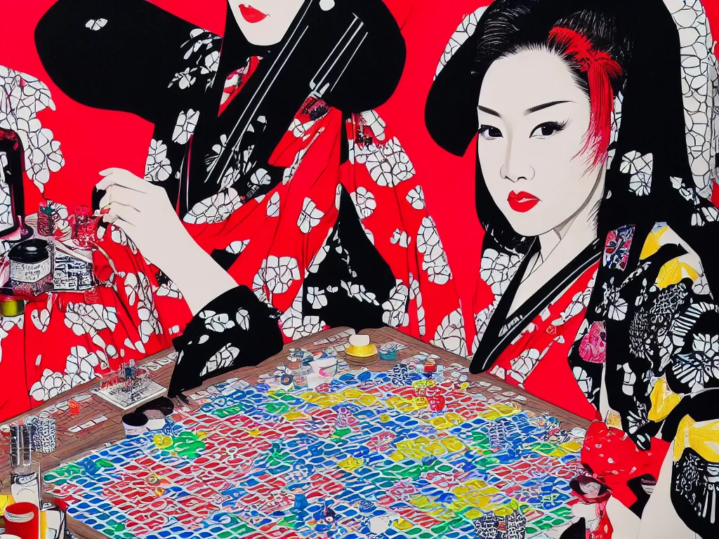 Image similar to hyperrealism composition of the detailed woman in a japanese kimono sitting at an extremely detailed poker table with darth vader, fireworks on the background, pop - art style, jacky tsai style, andy warhol style, acrylic on canvas