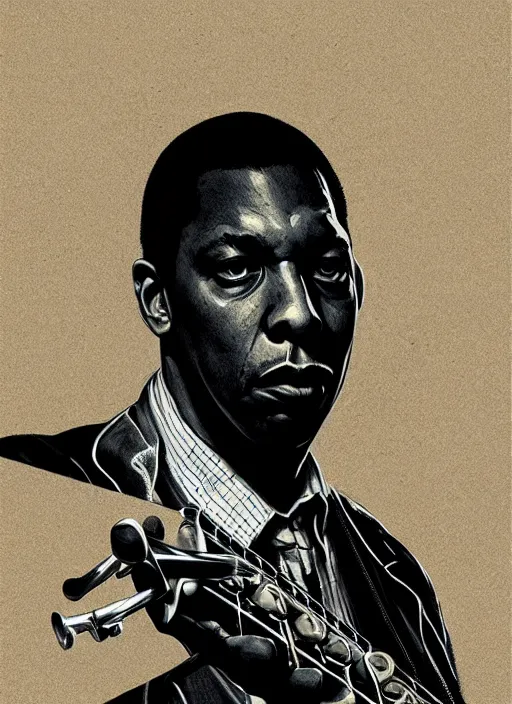 Image similar to portrait of john coltrane as a rock star, intricate, elegant, highly detailed, digital painting, artstation, concept art, smooth, sharp focus, illustration, art by wlop, mars ravelo and greg rutkowski