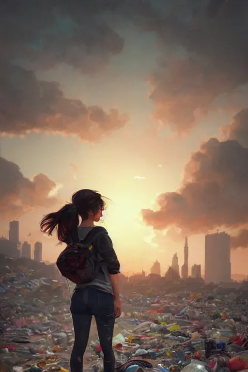 Prompt: poor detailed girl with backpack standing at cars looking for food at garbage dump, destroyed cars, city is pure wasteland, moody sunset in background, high details, sharp, photorealism, cinematic, greg rutkowski, alphonse mucha, trending on artstation, artgerm, unreal engine, breathtaking, award winning, highly detailed