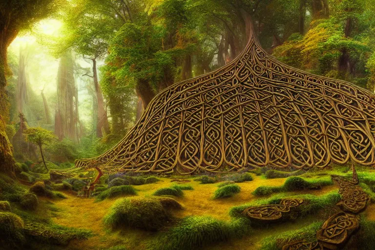 Image similar to a beautiful and highly detailed digital painting of an elven structure in psychedelic forest in a beautiful valley, psychedelic patterns, celtic designs, intricate details, epic scale, 8 k, sharp focus, photorealism, artstation, cgsociety, by caspar friedrich, albert bierstadt, james gurney, brian froud,