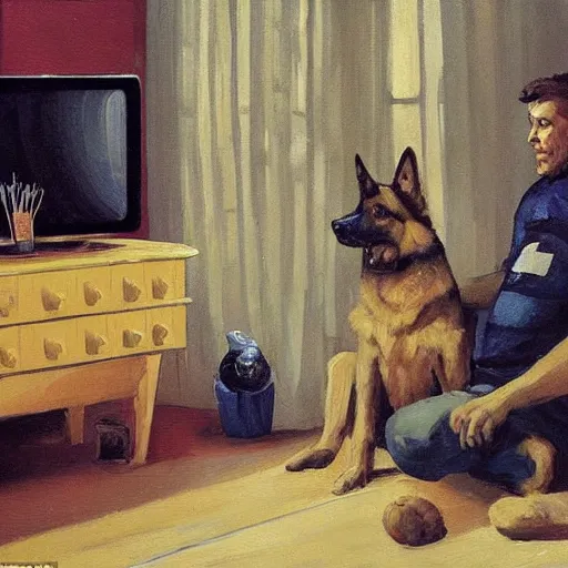 Image similar to a humanoid german shepherd beast - man, sitting and watching a soccer match in his house on television, he has hurt his knee and is a dad, by erin hanson, alexi zaitsev, karl spitzweg, award winning, tv set