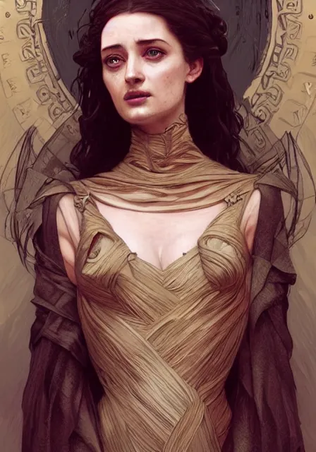 Image similar to sansa eva green mummy, intricate, elegant, highly detailed, digital painting, artstation, concept art, smooth, sharp focus, illustration, art by artgerm and greg rutkowski and alphonse mucha and william - adolphe bouguereau