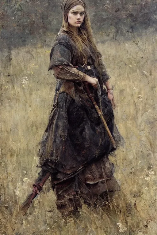 Prompt: Richard Schmid and Jeremy Lipking and Antonio Rotta full length portrait painting of a young beautiful traditonal viking warrior priestess woman