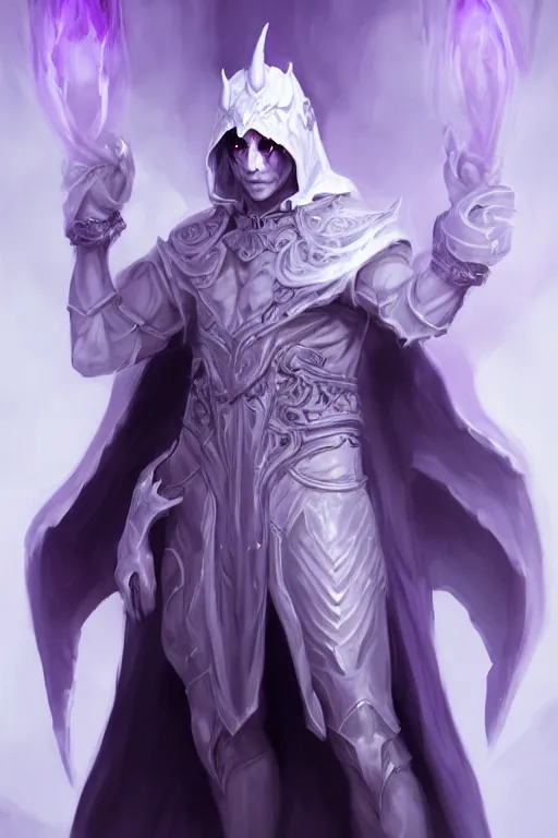 Prompt: human male demon, full body white purple cloak, >no hoodie<, warlock, character concept art, costume design, black eyes, white horns, trending on artstation, Artgerm , WLOP