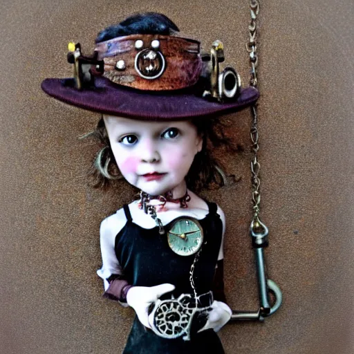 Image similar to steampunk little girl wears a clock necklace