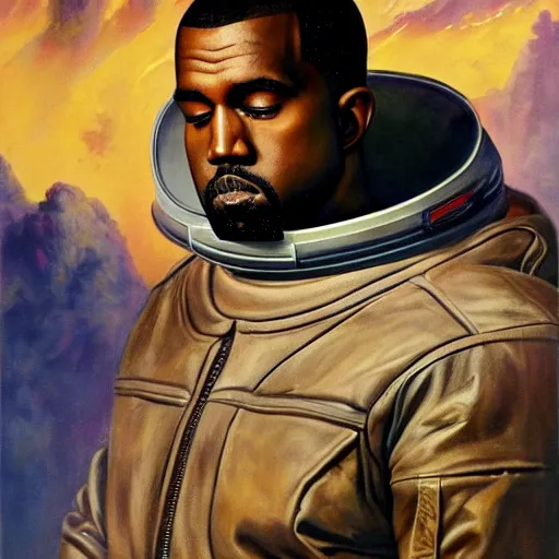 Prompt: ultra realistic portrait painting of kanye west as a retro - futuristic astronaut, art by frank frazetta, 4 k, ultra realistic, highly detailed, epic lighting