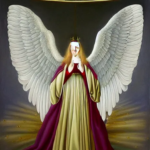 Image similar to highdetailed hyperrealistic painting of white angel!!! no gender smiling noface!!!, light instead of hands, white sparkles everywhere, 4 k hd face!!!, big silver high detailed wings!!!, renaissance, by jan van eyck, holography space, glow effect, large strokes, monochrome!!!!!