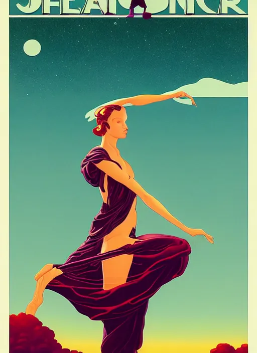 Image similar to poster artwork by michael whelan and tomer hanuka, portrait of beautiful sensual dancer in the clouds of jupiter, clean, art deco