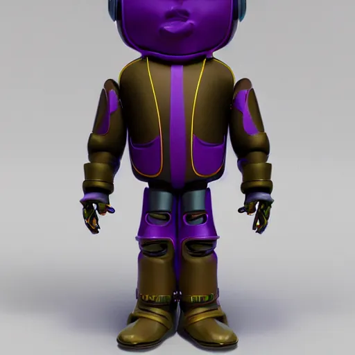 Image similar to kid robot with purple jacket design by fabricio campos and lidia morales, character modeling, toy design, substance 3 d painter, blender, mental ray, zbrush, stylized, portrait, studio photo, 7 0 mm lens, trending in behance