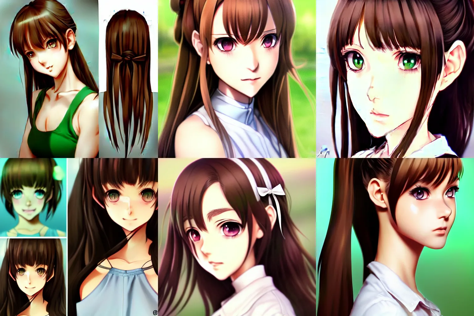 Prompt: astonishing portrait of a very beautiful green eyed anime high-school girl, brown hair, ponytail, white ribbon, full perfect face, realistic, highly detailed background, artstation, 120 degree view, drawn by Artgerm, Sasoura, Satchely, no distortion