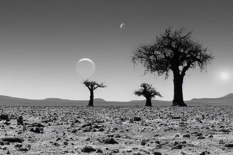 Prompt: photo taken from the surface a barren alien planet, two suns and a gas giant planet in the sky, black and white spielberg 3 5 mm film cinematic 4 k