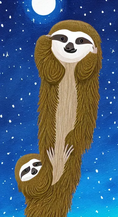 Prompt: a cute sloth hanging on a tree on a beautiful dark night with stars, everything made of thick flowing dramatic brush strokes, abstract impressionism, matte colors, trending on artstation