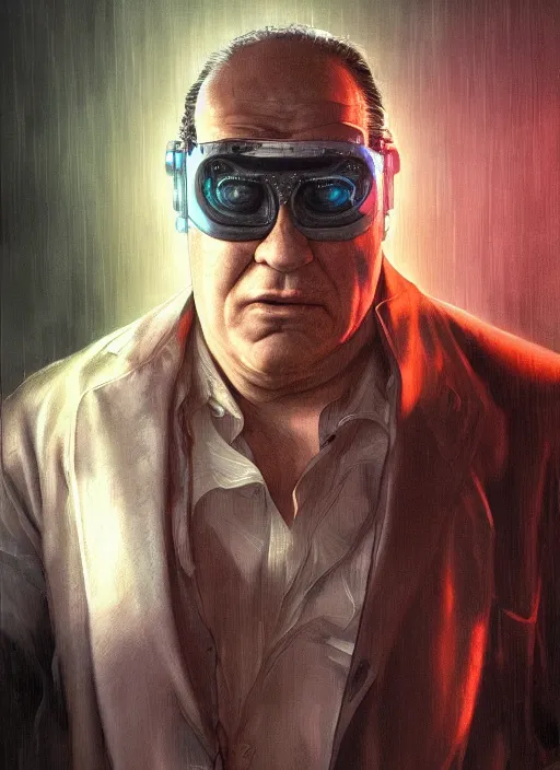 Prompt: ultra realistic medium shot of danny de vito how a cyborg cyberpunk, sci - fi, kodak, faces, colour led, soft light, volumetric lighting, fog, rays, night, intricate detailed, digital painting, concept art, smooth, sharp focus, illustration, art by artgerm and greg rutkowski and alphonse mucha