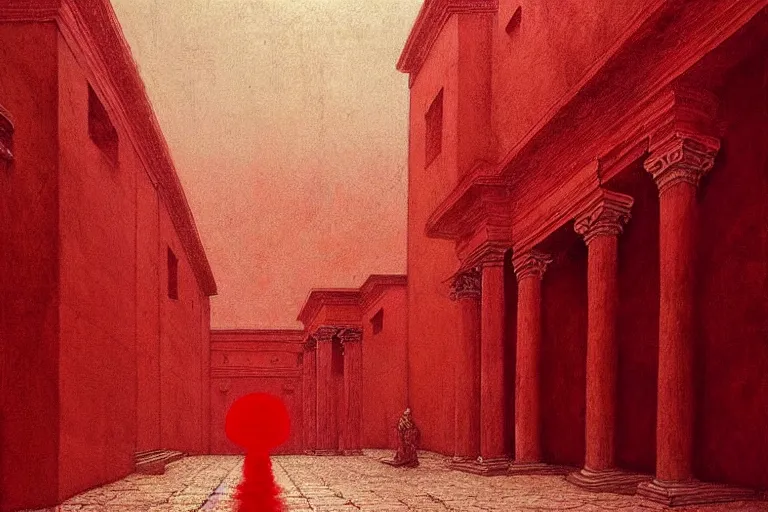 Image similar to only with red, caesar after war, a red tiger, in hoc signo vinces, rome in background, an ancient path, in the style of beksinski, part by hopper, part by rodcenko, part by hofbauer, intricate composition, red by caravaggio, insanely quality, highly detailed, masterpiece, red light, artstation