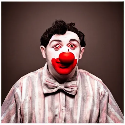 Image similar to a vintage studio portrait of a sad clown with balloons behind him, black background, chiaroscuro lighting, close up portrait, shallow depth of field, 8 0 mm, f 1. 8