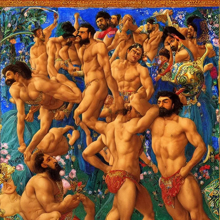 Prompt: beautiful muscular iranian persian wrestlers men with mustaches kiss with passion, seen through a kaleidoscope effect, victor nizovtsev, botticelli