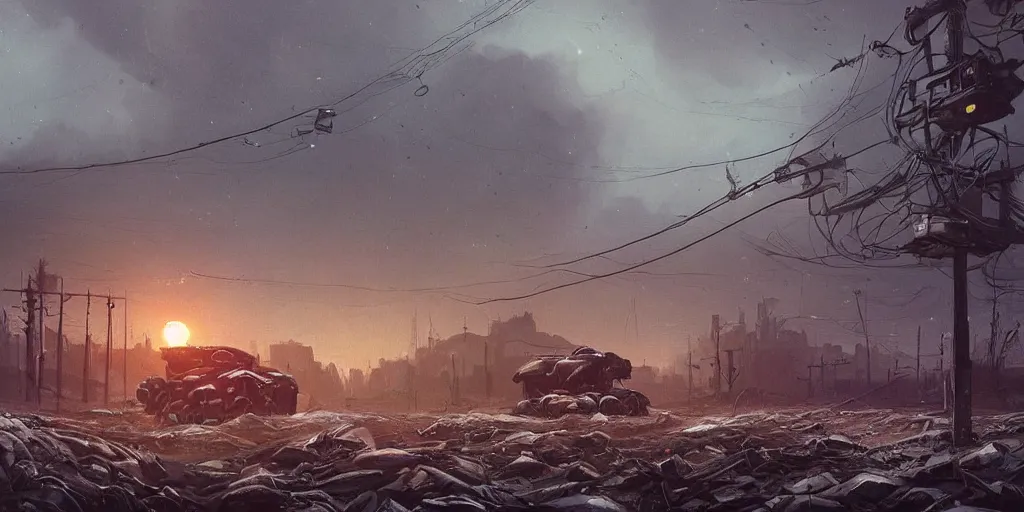 Image similar to a landscape by simon stalenhag of a very large realistic highly detailed imposing robotic mechanical cat, stranded alone and roaming in the chaos across a depressing abandoned post - apocalyptic landscape, post - apocalyptic corrupted themes, artstation trending, beautiful art landscape, detailed simon stalenhag landscape