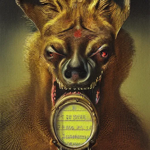 Prompt: horrific grotesque hyena and calculator hybrid, beksinski style painting, highly detailed