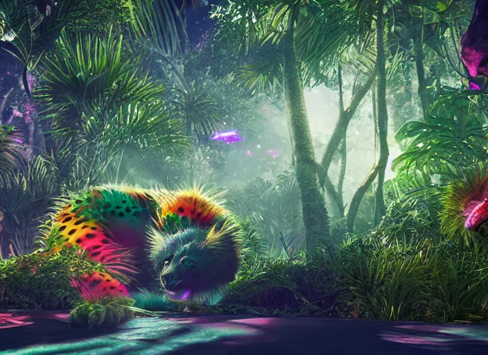 Image similar to a cg render of a colorful 🌚🐨🐆🐉 in a noir galactic jungle, 8 k, unreal engine, detailed, hyperrealistic, octane